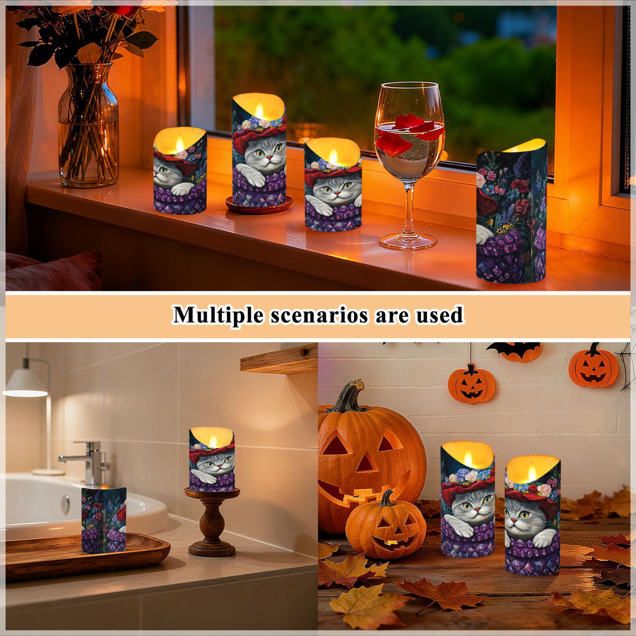 Wobogo Cute Cat Wearing Wreath Flameless Candles with Remote Battery Operated Flickering LED Candles with Timer 2/4/6/8H Medium Size