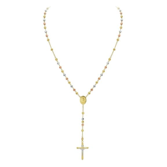 Wellingsale 14k Tri 3 Color Gold Polished 4mm Beaded Rosary Necklace - 20"