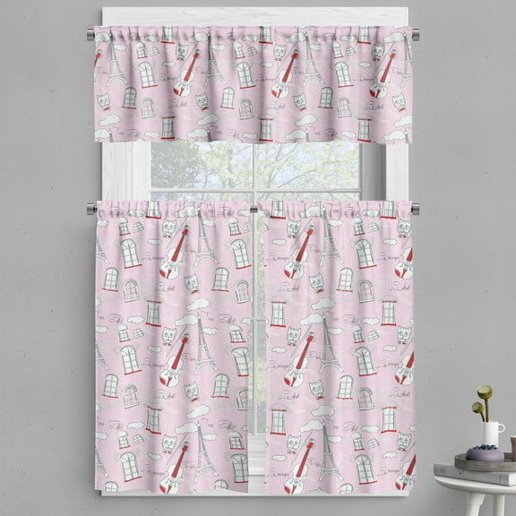 Ambesonne Paris Valance & Curtain, Violin Eiffel Cat Bow Tie, 55"x30", Pale Pink Scarlet White