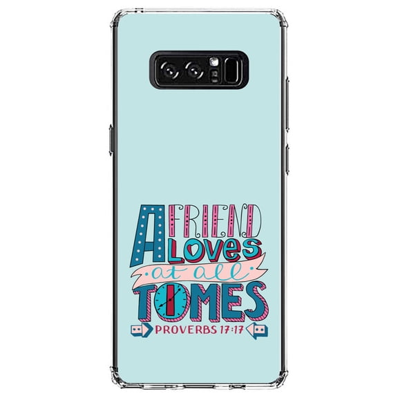 DistinctInk Clear Shockproof Hybrid Case for Samsung Galaxy Note 8 - TPU Bumper, Acrylic Back, Tempered Glass Screen Protector - Proverbs 17:17 - Clock - Friend Loves at All Times