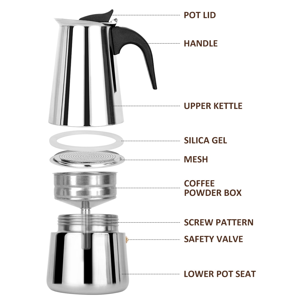 Pcapzz Espresso Maker Induction Coffee Maker Stainless Steel Stovetop Coffee Maker Moka Pot 200ml/4 Cup Portable Coffee Maker Pot Suitable for Induction Cookers Stovetop Home Camping