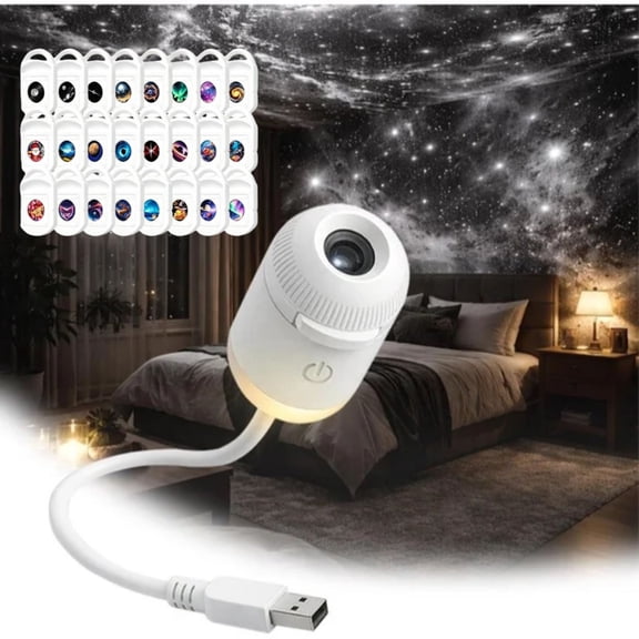 Galaxy Projector Pro for Bedroom, HD Dynamic 5D Holographic Star Projector, Night Light for Ceiling - 360° Rotating Plug and Play USB Powered, Adjustable Brightness Knob, Room Decor(With 24 Films)