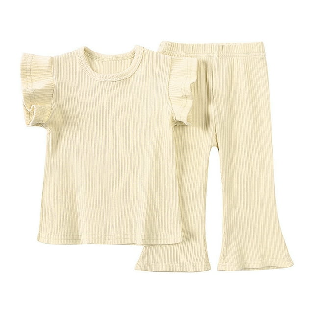 Hiiyo Girls Knitted Rib Pajamas Ruffle Sleeve T-Shirt Flared Pants Cotton Sleepwear