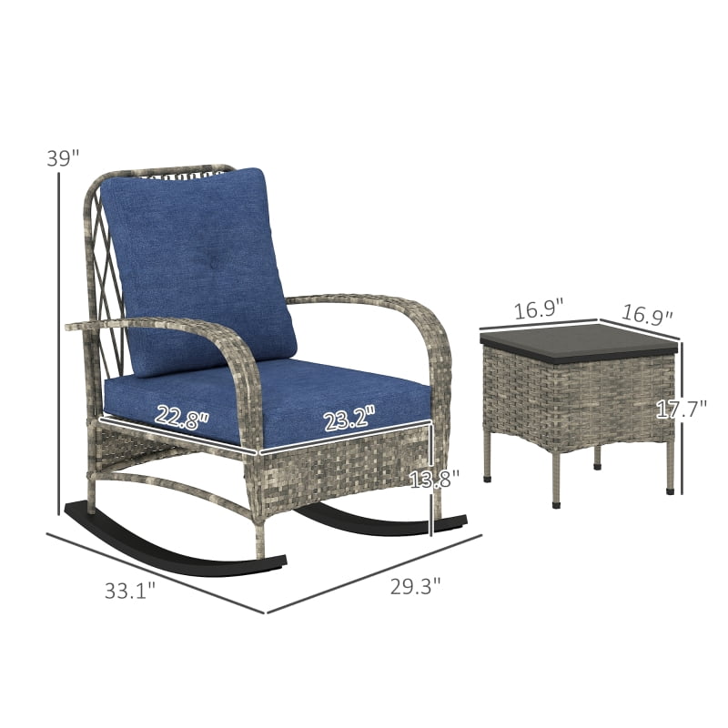 HOQBN 3 Piece Wicker Patio Furniture Set, Outdoor PE Rattan Rocking Chairs with Coffee Table, Cushions for Porch, Gray