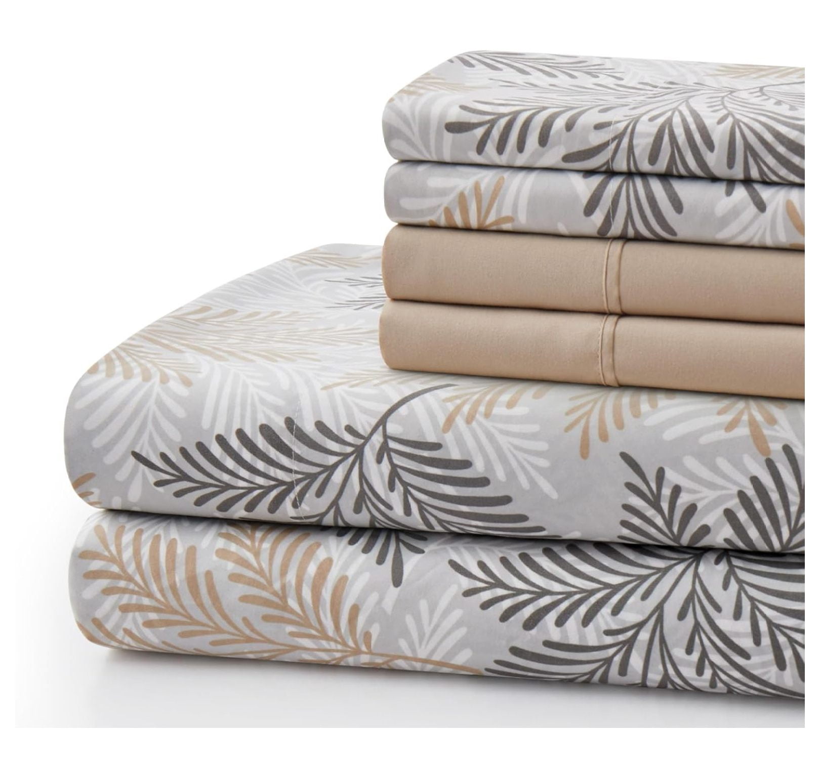Ultra Soft Silky Deep Pocket Rich Printed Bedding Rayon from Bamboo All Season 4 Pieces Sheet Set with 2 Pillowcases, Taupe Grey Leaves Pattern Twin/Single Size