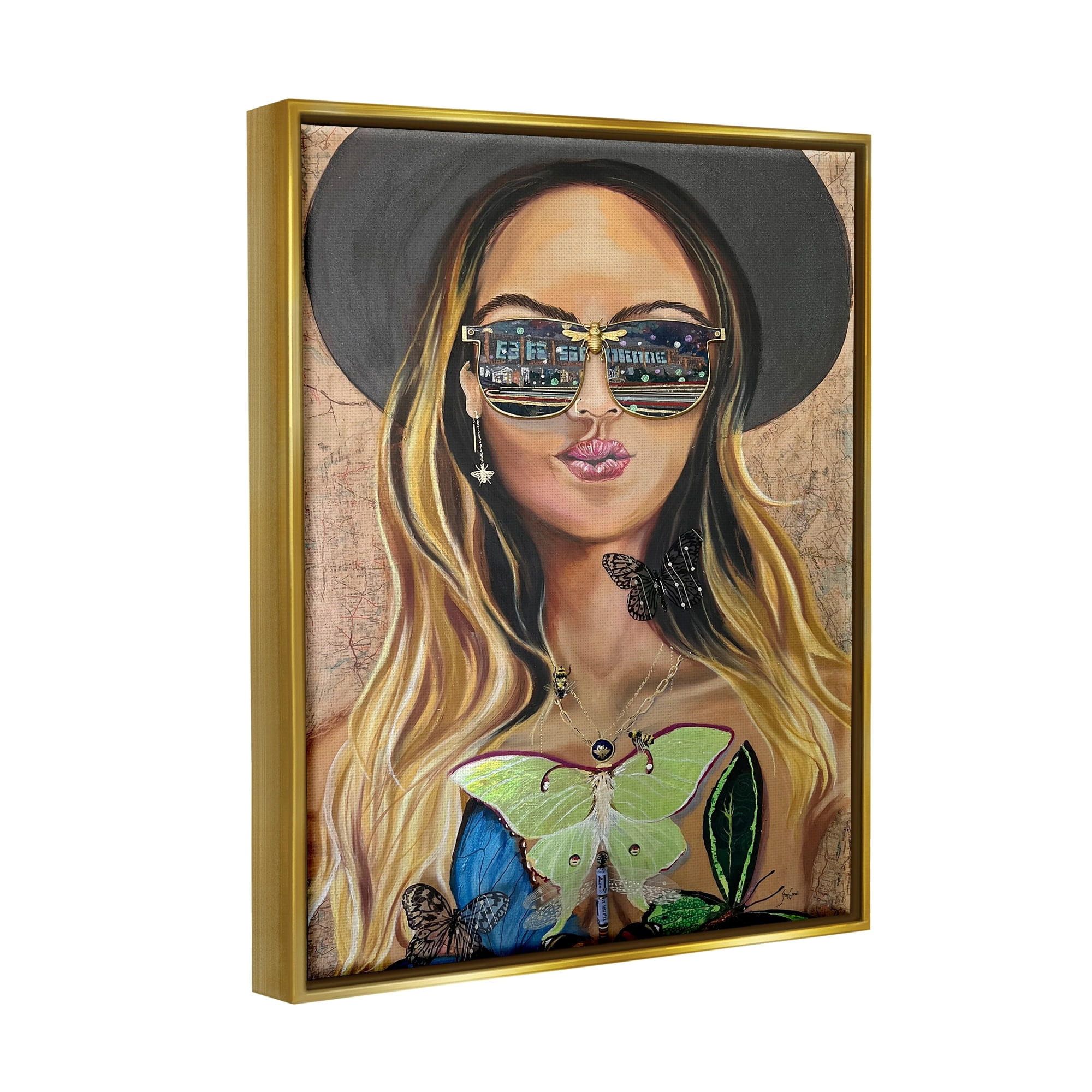 Stupell Industries Trendy Woman Luna Moth City Reflection Sunglasses Painting Metallic Gold Floating Framed Canvas Print Wall Art, Design by Stacy Gresell