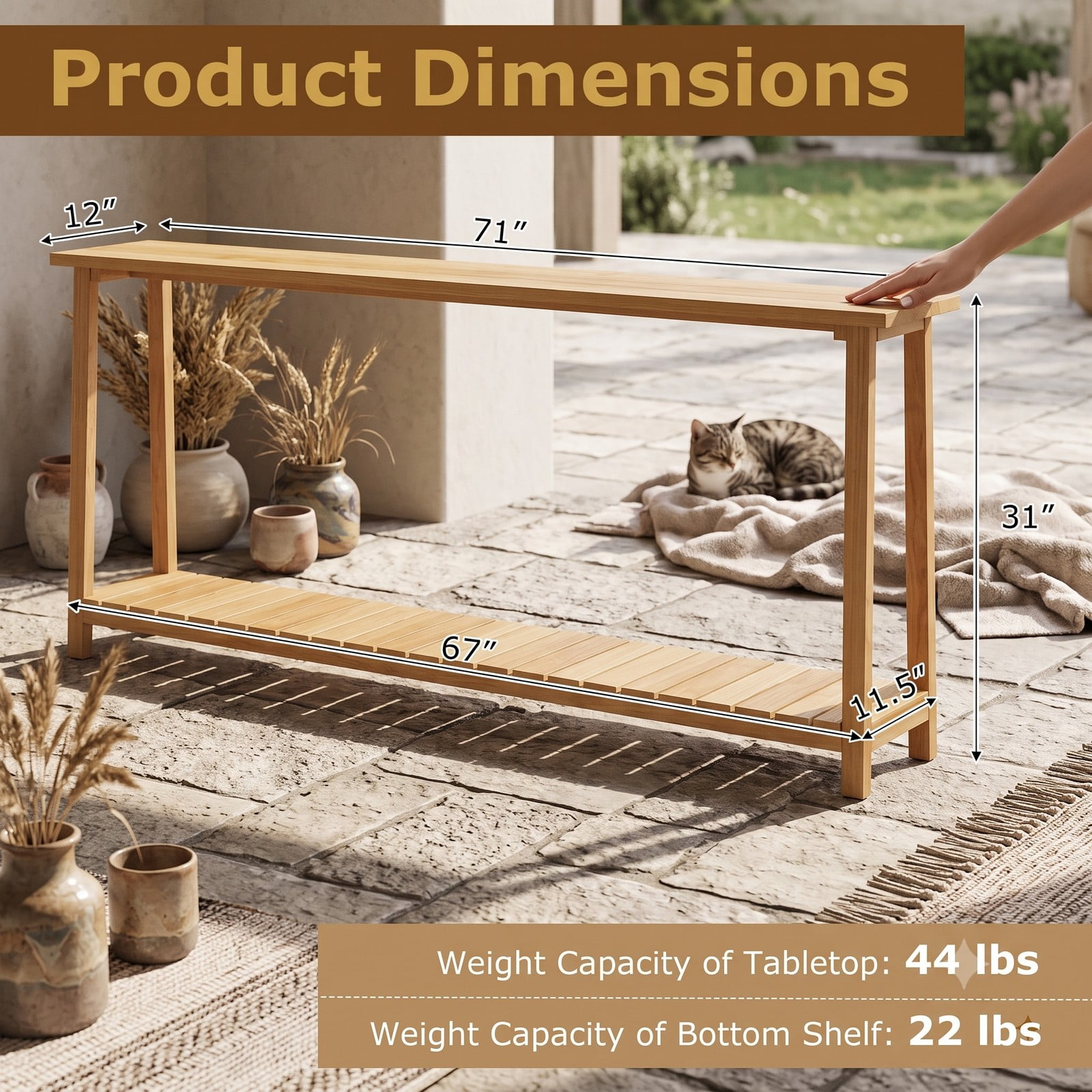 Furnibear 2-Tier Farmhouse Sofa Table with Solid Teak Wood Frame and Open Storage Shelf for Living Room and Entryway, Natural