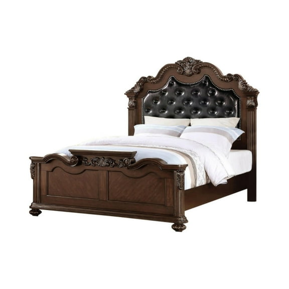 Ornated Carved & Upholstered Black PU Tufted Wooden E.King Bed Dark Walnut