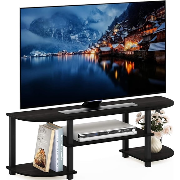 Wide TV Entertainment Center, Espresso/Black | Toolless Media Console Table with Open Storage Shelves & Soundbar Shelf for Living Room, Bedroom