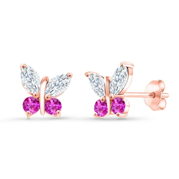 Gem Stone King 18K Rose Gold Plated Silver Marquise White Moissanite and Pink Sapphire Butterfly Earrings for Women (1.45 Cttw, Gemstone Birthstone, Center Stone: 6X3MM, Small Stones: 3MM)