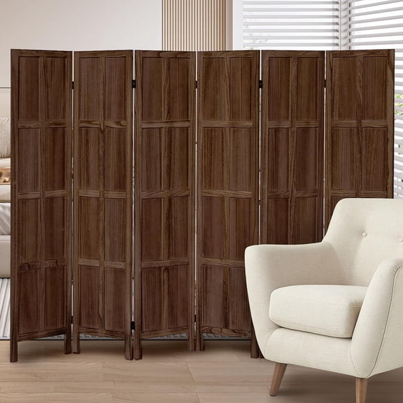 6 Panel Room Divider and Folding Privacy Screen, Classic 5.6Ft Wood Room Divider Wall, Partition Screen Divider for Room Separation for Home Office, Bedroom, Office, Dressing Room, Brown