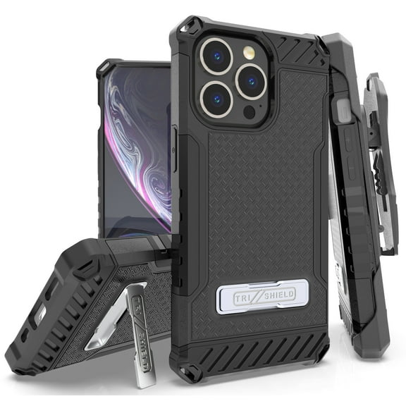 Tri-Shield Combination for iPhone 13 Pro Case, Nakedcellphone [Military Grade] Rugged Cover with Metal Kickstand [Includes Wrist Strap Lanyard   Belt Clip Holster]