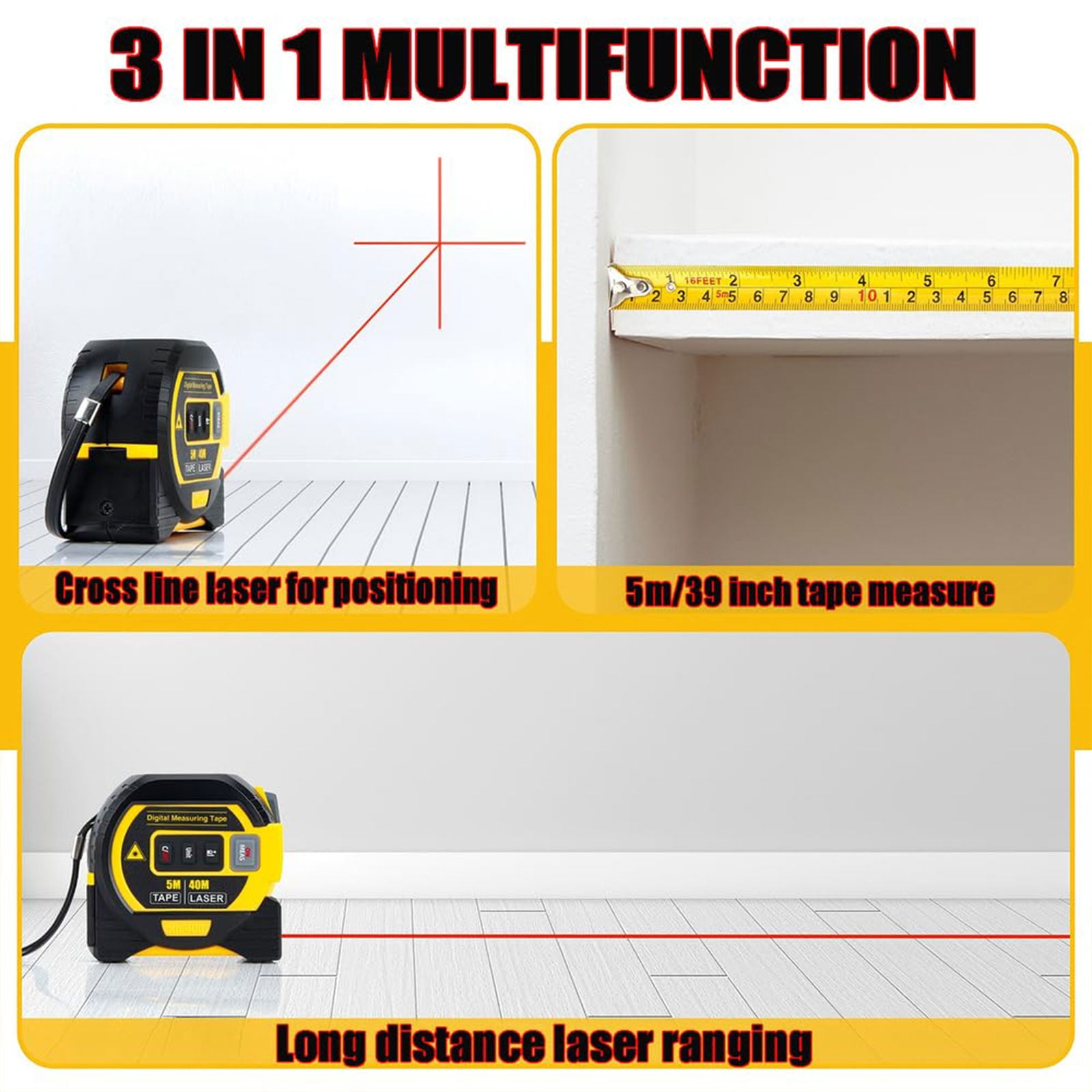 Electric Tape Measure,Ruler Laser Tape Measure | Digital Tape Measure With Laser, Lazer Measuring Tool,Smart Range Finder, Easy-Read Display, Ft & Metric Measurement | 196 Ft | 60 M