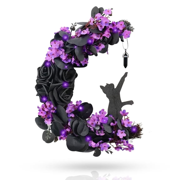 Kabuer Halloween Wreath LED Black Door Wreath Cat Rose Moon Wreath for Halloween Home Indoor Outdoor Party Decor 14inch