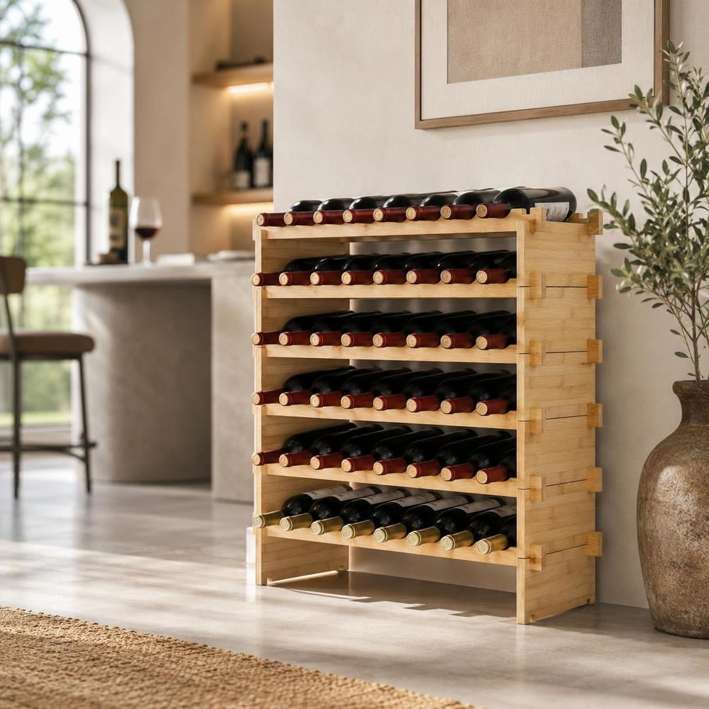 Wine Rack natural bamboo 6-tier stackable modular storage holds 48 bottles suitable for kitchen bar cellar