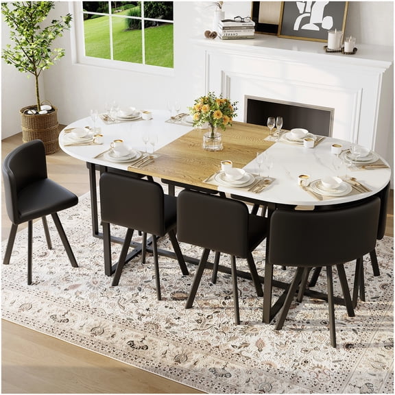 9-Piece Dining Table Set for 8, Oval Kitchen Table with White Faux Marble Top and 8 Black Chairs, Modern Furniture Set