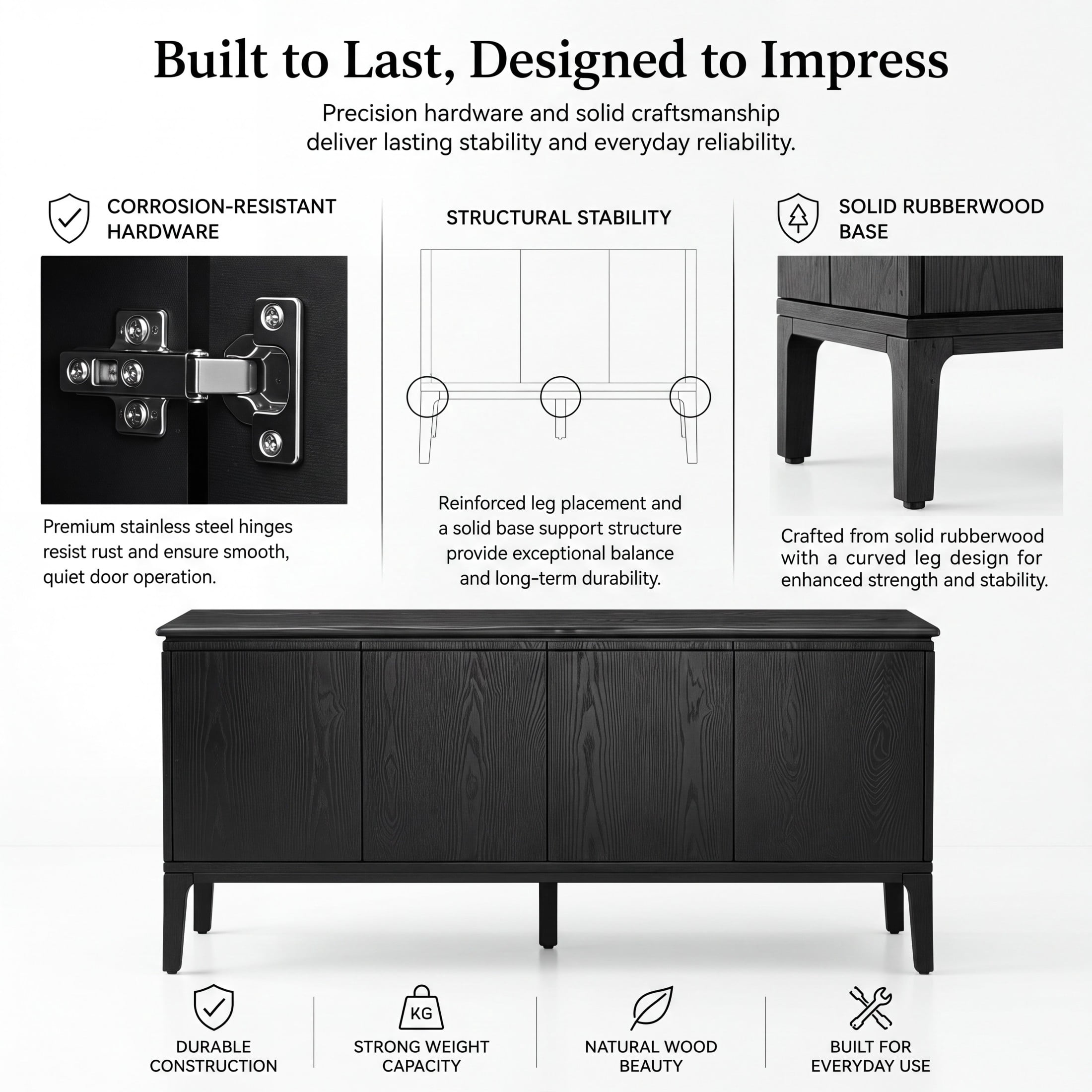 Christopher Knight Home 59" Modern Accent Sideboard with Storage, Rubberwood Legs, 4 Doors, Black