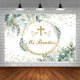 thumbnail image 3 of Telón de fondo para decoraciones de fiesta de bautizo mexicano, pancarta de primera comunión con la frase "Dios bendiga" y hojas de eucalipto verdes, fondo para bautizo, baby shower de recién nacido,, 3 of 4