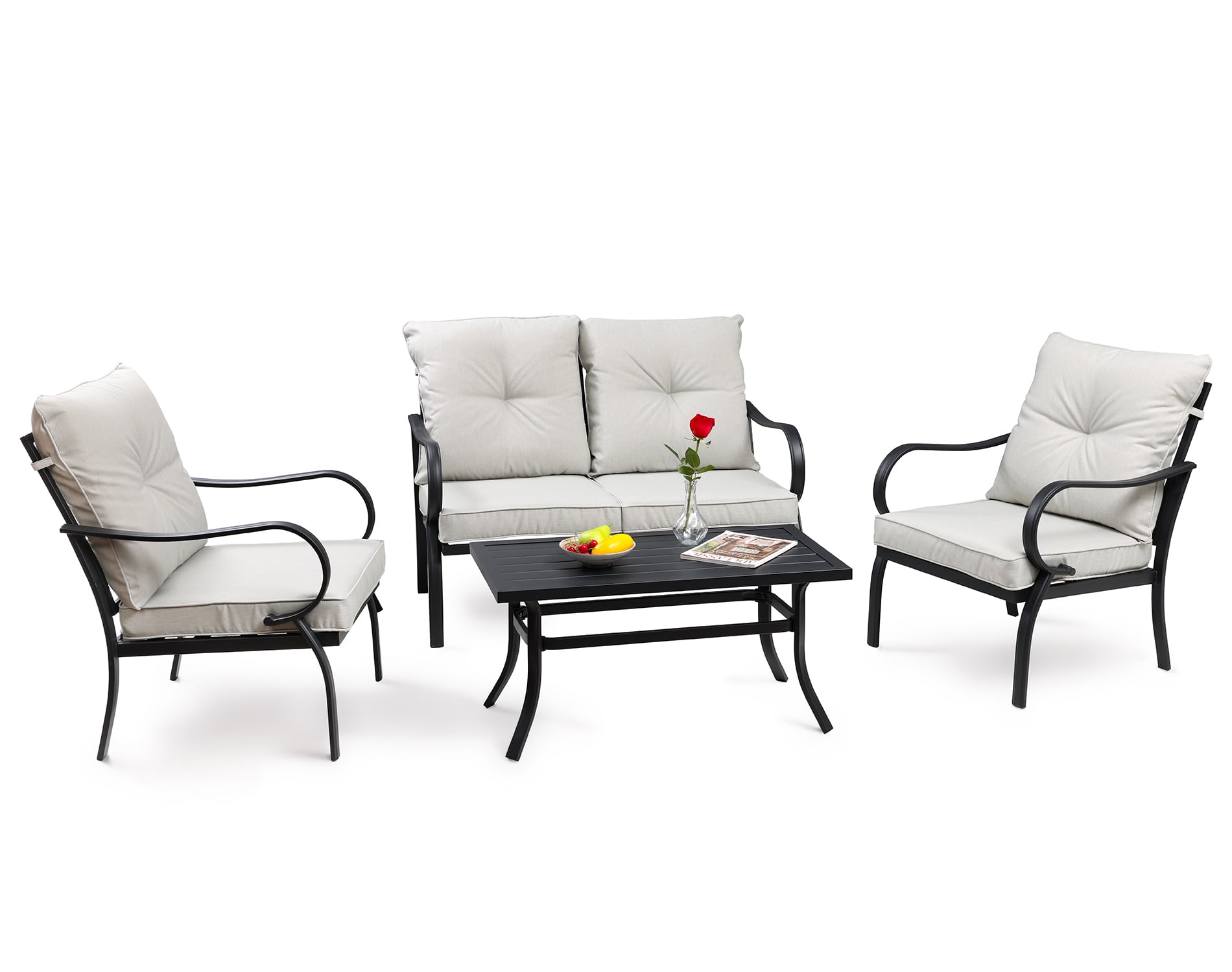 WAMPAT 4 Pcs Wrought Iron Patio Conversation Sets, Black Metal Frame