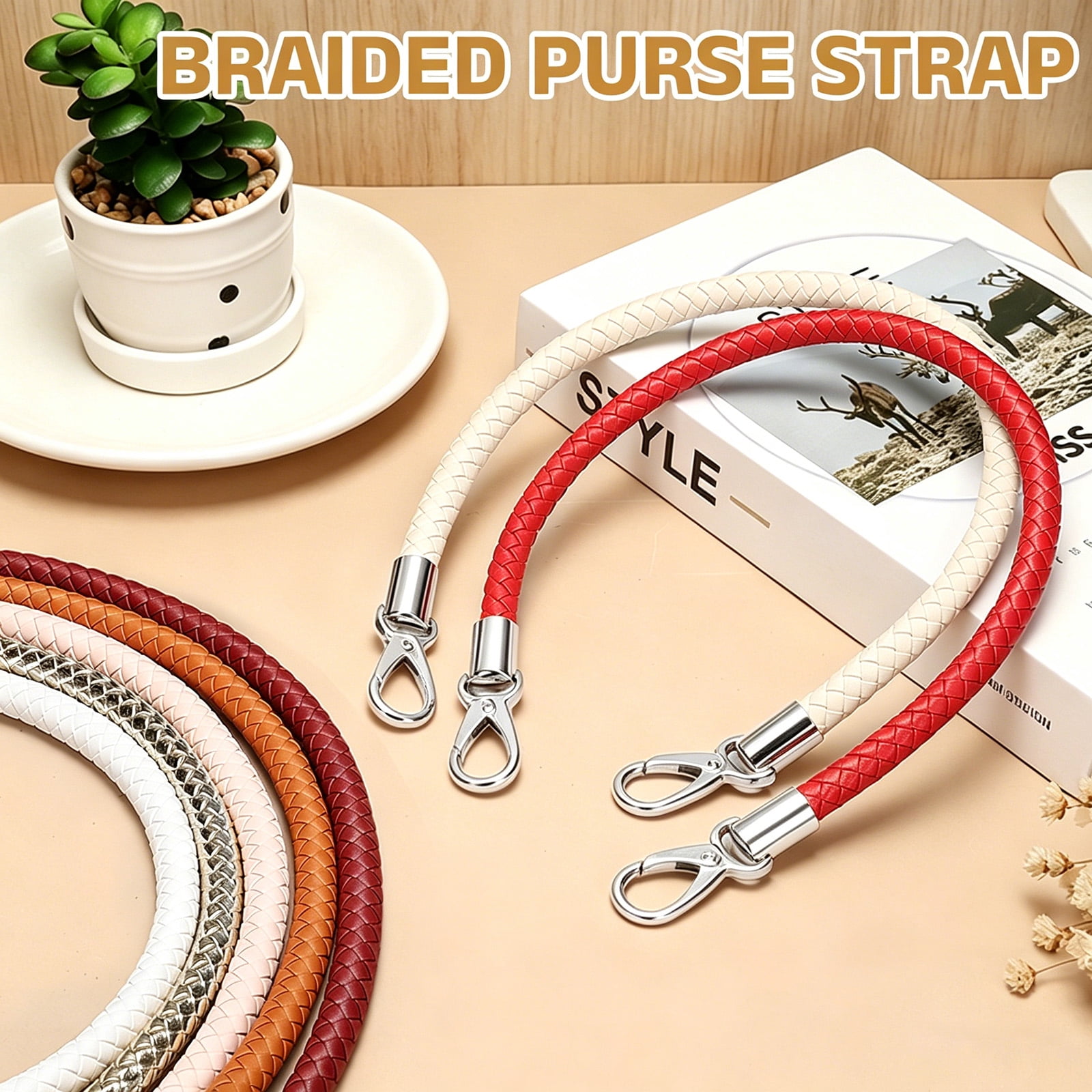 Uxcell 2 Pcs Braided Purse Strap, 65cm 25.6" PU Leather Shoulder Purse Strap for Handbag Bag Handle Replacement for DIY Making Handbag Underarm Bag, Light Pink (Silver Buckle)