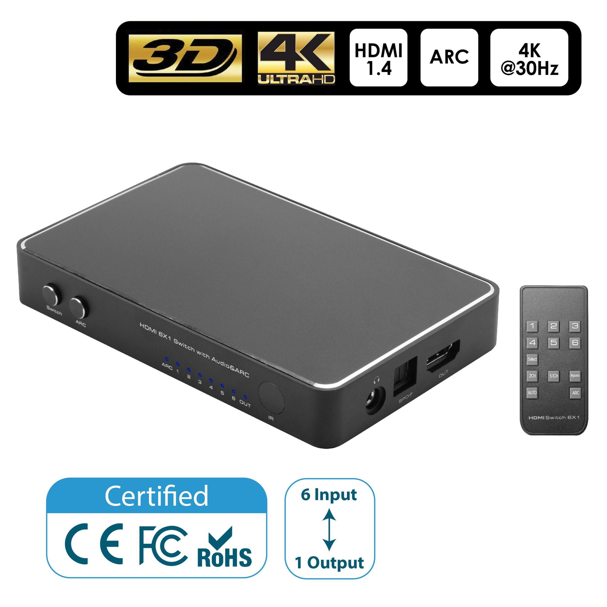 Insten 6-Port 4K HDMI Switch with Optical Toslink & 3.5mm Audio Out ...