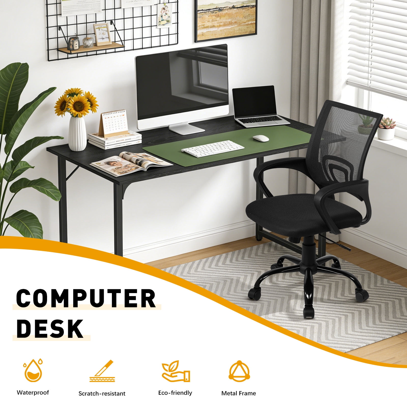 Dkelincs 40 inch Computer Desk and Chair Set Home Office Modern Wood Study Desk & Mesh Ergonomic Height Adjustable Office Chair for Small Spaces, Black & Black