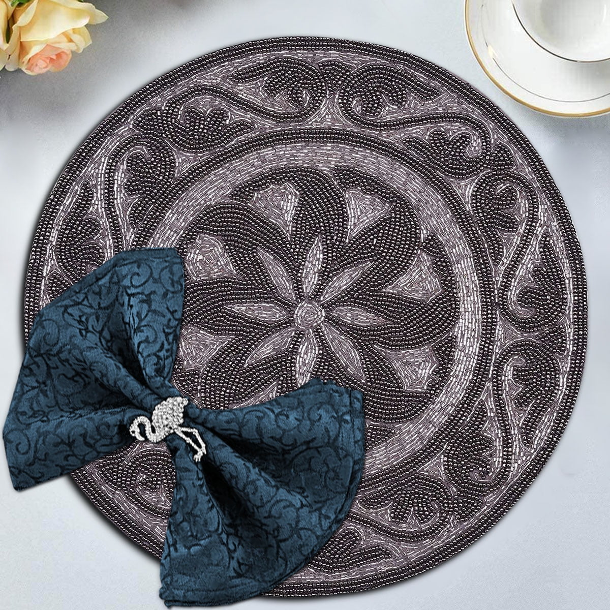 Embroidered Beaded Placemat 14" Round Set of 2 Pcs Pewter/Silver