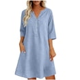 thumbnail image 2 of VBVC Women's Cotton Linen V Neck Tunic Dress , Casual 3/4 Sleeve Summer Shift Dress For Women , Ladies' Button Down Mini Dresses with Pockets,Light Blue,S-2XL, 2 of 5