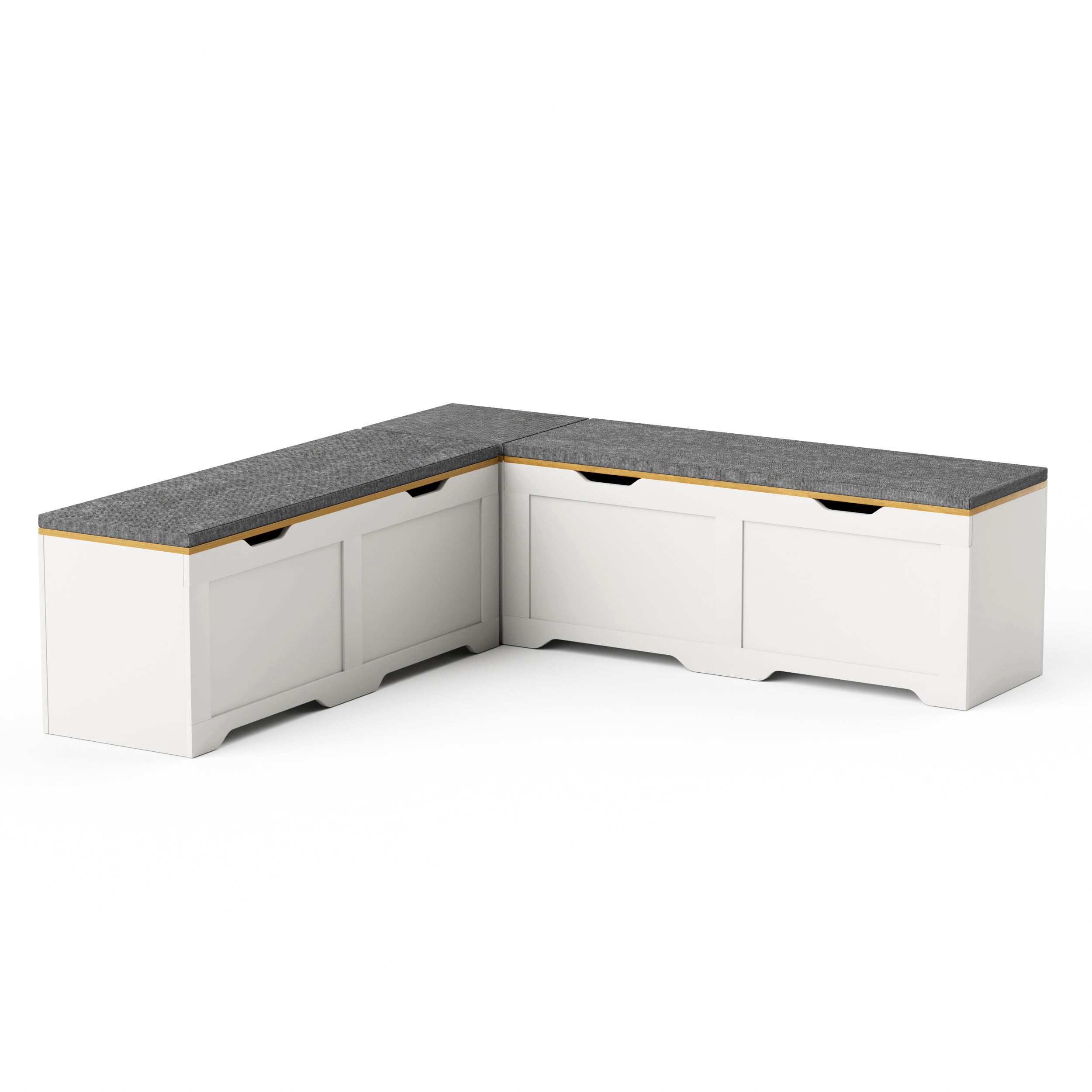 L-Shaped Storage Bench with Cushion, White and Natural, 63"D x 63"W x 19.1"H