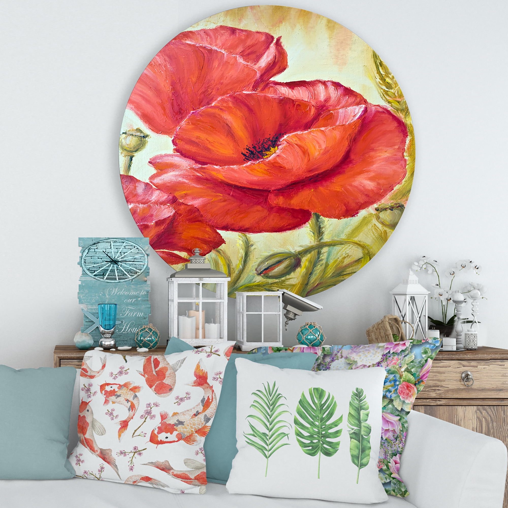 Designart 'Blossoming Red Poppies In Wheat Fields I' Traditional Circle Metal Wall Art 36x36 - Disc of 36