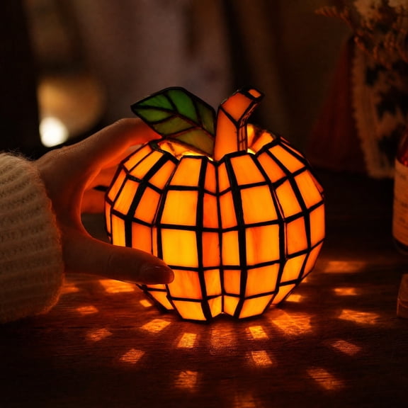 5.1×5.9 Inch Stained Glass Pumpkin Lamp Vintage Tiffany Style Fall Thanksgiving Halloween Tabletop Night Light Decor