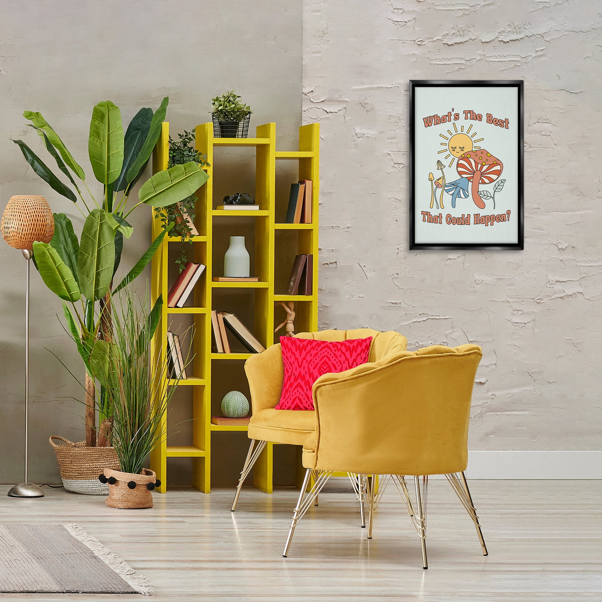Stupell Industries Positivity Vibes with Mushrooms Plants & Flowers Painting Black Floater Framed Canvas Art Print Wall Art, 17 x 25