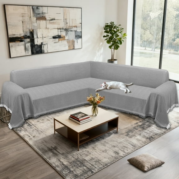 HDCAXKJ Washable L Shape Sofa Covers Reversible Sectional Couch Covers Corner Sofa Slipcovers Blankets Sofa Cover for Living Room Home Decor,91"x252",Gray