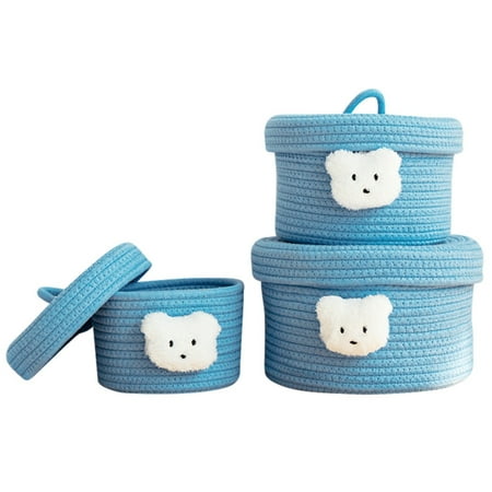 

[Hotiary] Cotton Rope Woven Baskets Round Basket with Lid Set of 3 Storage Baskets for Organizing Toy Storage Basket Bin Room Decor Basket for Shelves Blue