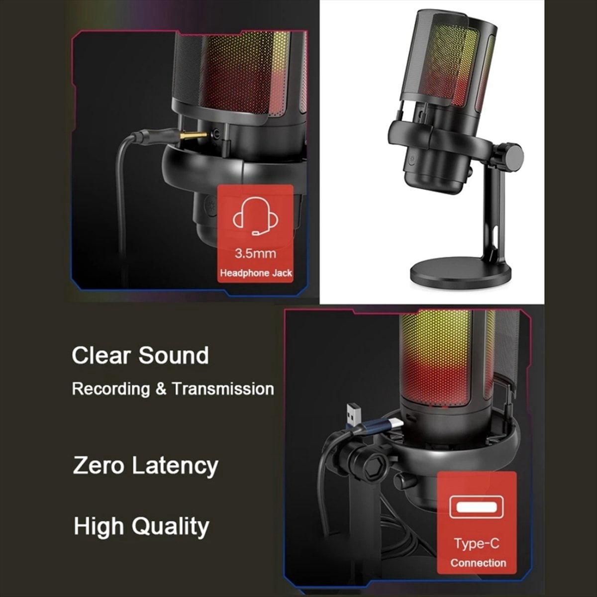 Gaming RGB Microphone, USB PC Mic for Streaming, Podcasts, Recording, Condenser Computer Desktop Mic on for //