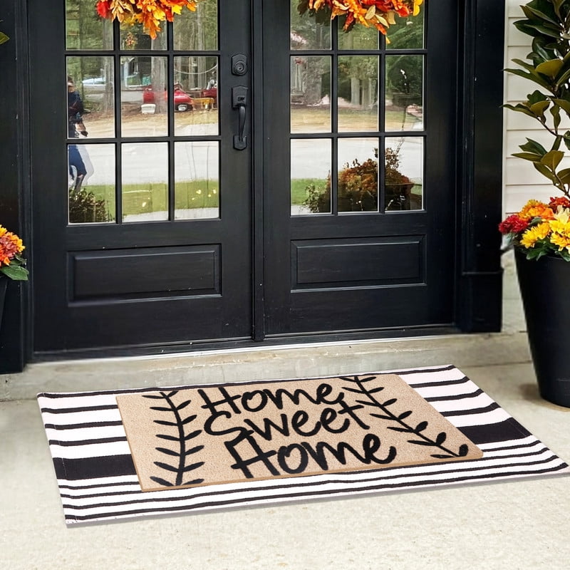 A1HC Coir Welcome Mat and Black & White Striped Cotton Rug Combo Set, 24"x36" & 24"x51", Hand-Woven Washable Entryway Décor