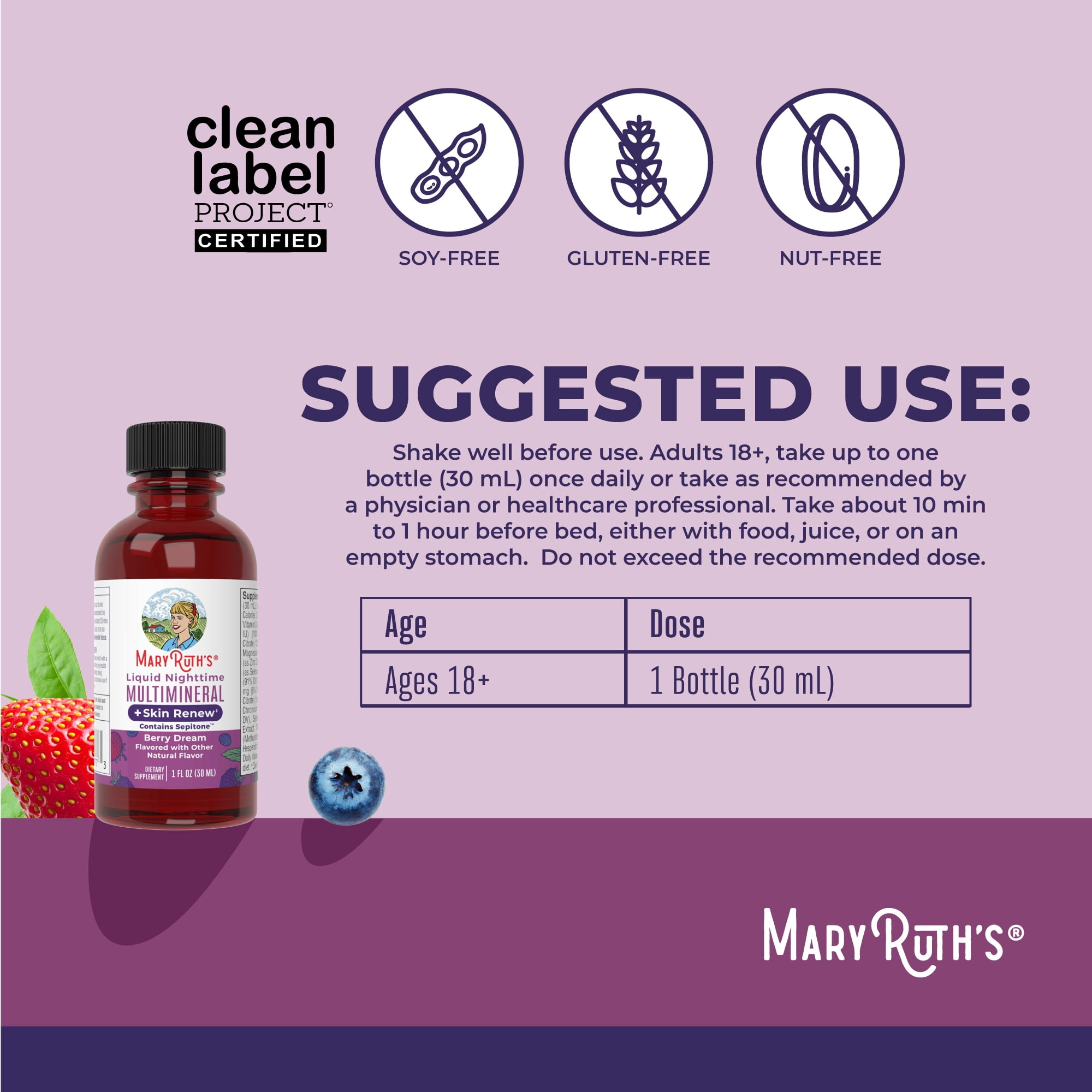 MaryRuth's Nighttime Multimineral Liquid and Skin Renew Travel Pack Berry 8-Pack 1 fl oz