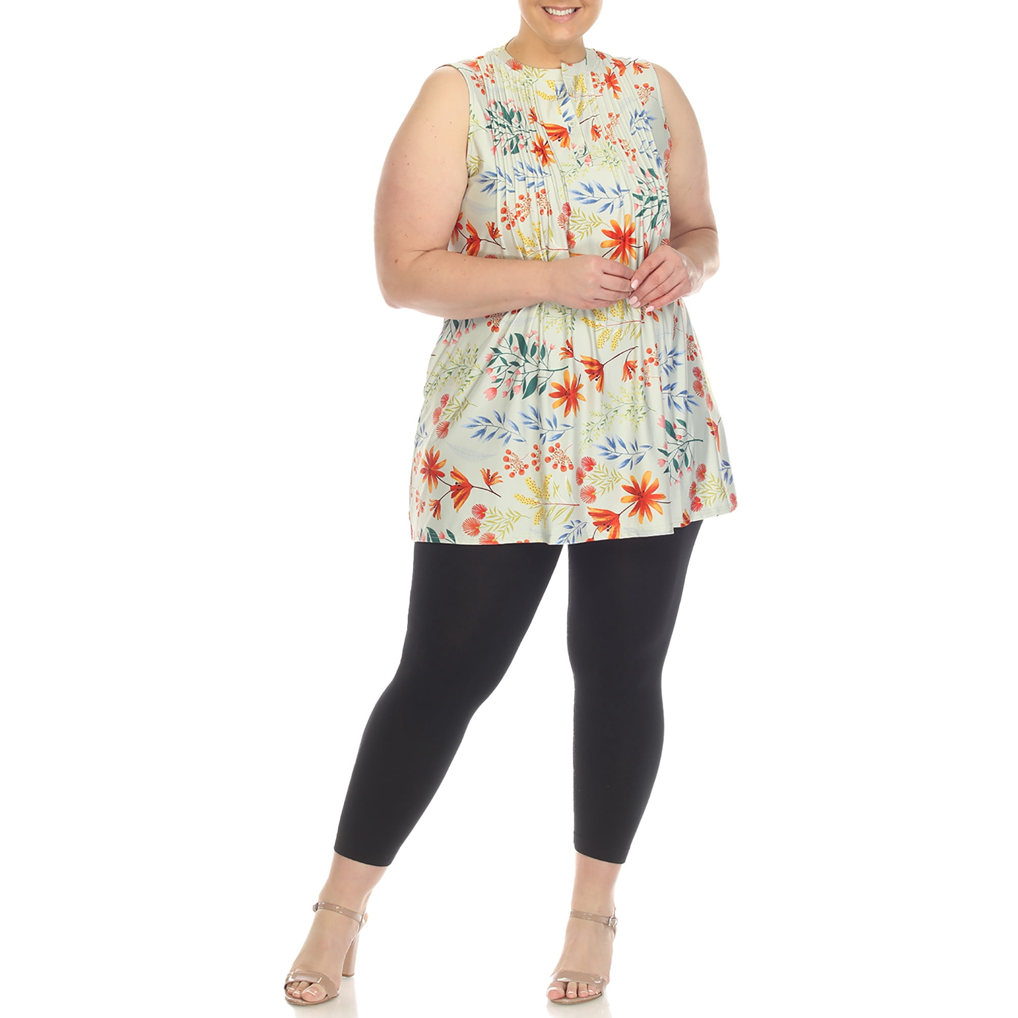 White Mark Women's Sleeveless Floral Pleated Tunic Top with Pockets