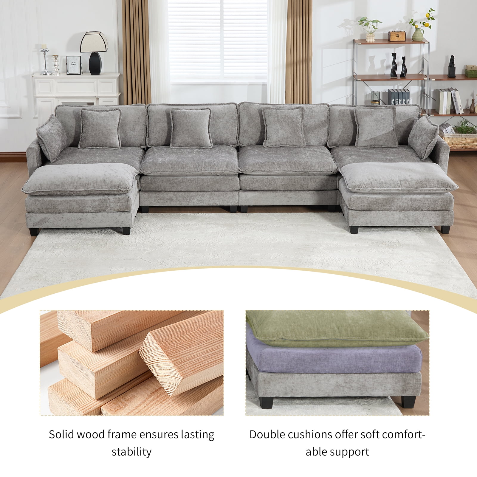 111.5” Gray Modular Sofa, 3 Seater U Shaped Chenille Sectional for Living Room, Cloud Couch with Ottoman, Sofá moderno