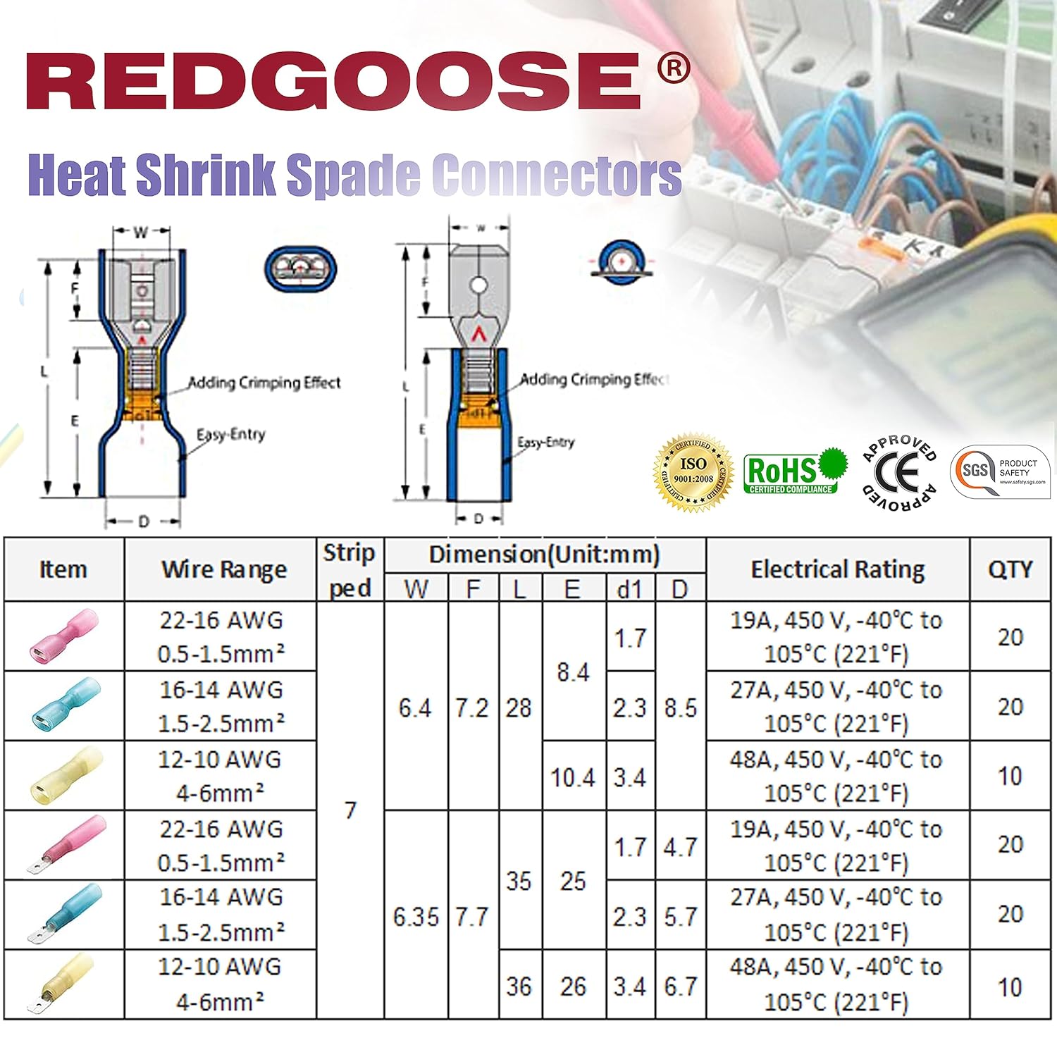 100 Heat Shrink Fork Connectors 1/4 Inch 22-10 AWG Wire Size Male-Female Terminals Insulated Waterproof Quick Disconnect Cable Crimp Terminal Kit
