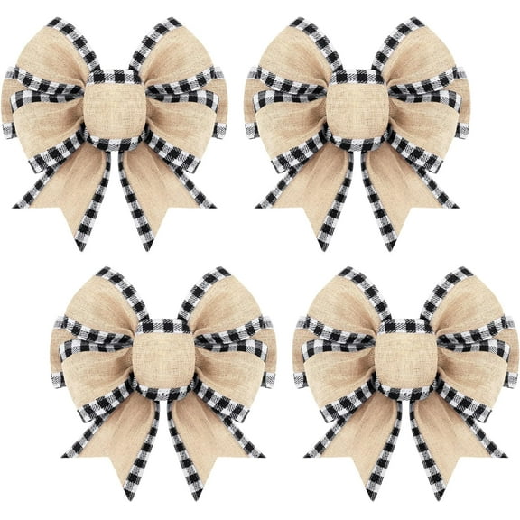 BlinkLLX 4 Pieces Christmas Burlap Plaid Bow Christmas Buffalo Gingham Craft Bows Xmas Tree Decorative Wreath Decor for Crafts Xmas Party Birthday Decor(Black and White,Classic)