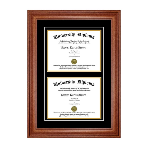 Double Diploma Frame with Double Matting for 15" x 12" Tall Diploma with Walnut 2" Frame