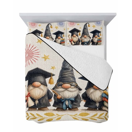 Graduation Gnomes 3 Piece Quilt Set Queen Size Graduation Festival Stars Fireworks Linen Texture Soft Bedspread Coverlet Bedding Set Microfiber Comforter Set with 2 Pillowcases for Bedroom