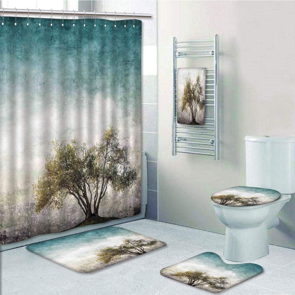 PRTAU Teal 5 Piece Bathroom Set Shower Curtain Bath Towel Bath Rug