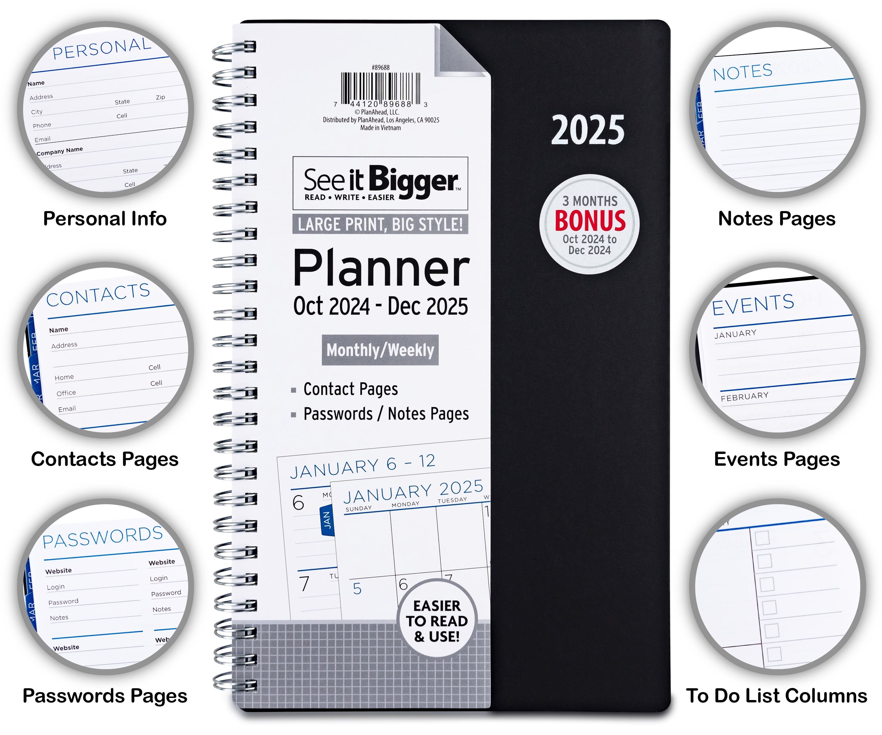See it Bigger October 2024 - December 2025 Weekly Dated Planner (5.75"x 8.75") Black