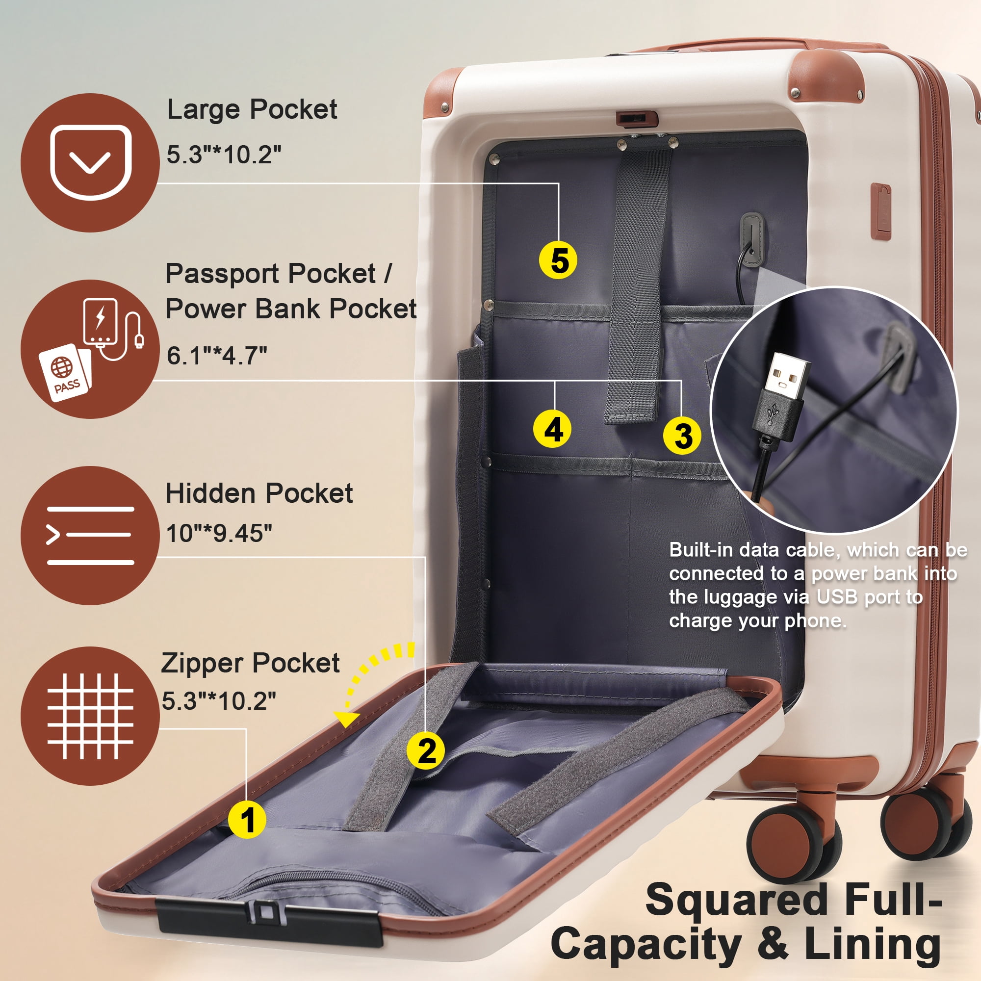 MAYEERTY 5-Piece Hardside Luggage Travel Set with TSA Lock,Front Opening,USB Port,Cup Holder,Duffle & Toiletry Bag