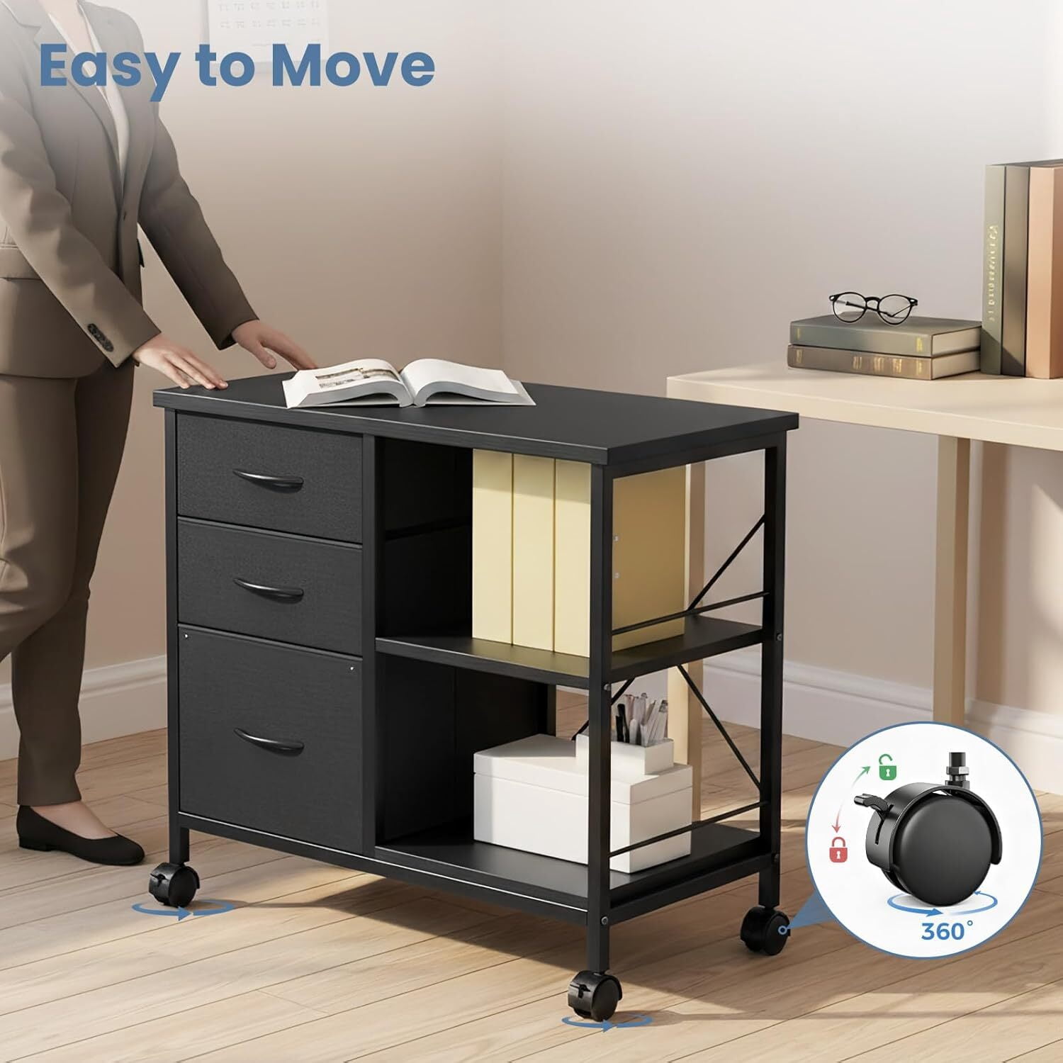 Bigleap 3-Drawer Mobile File Cabinet, Rolling Storage Cabinet with Open Shelf, Fabric Filing Cabinet for Home Office, Under-Desk Storage, Black