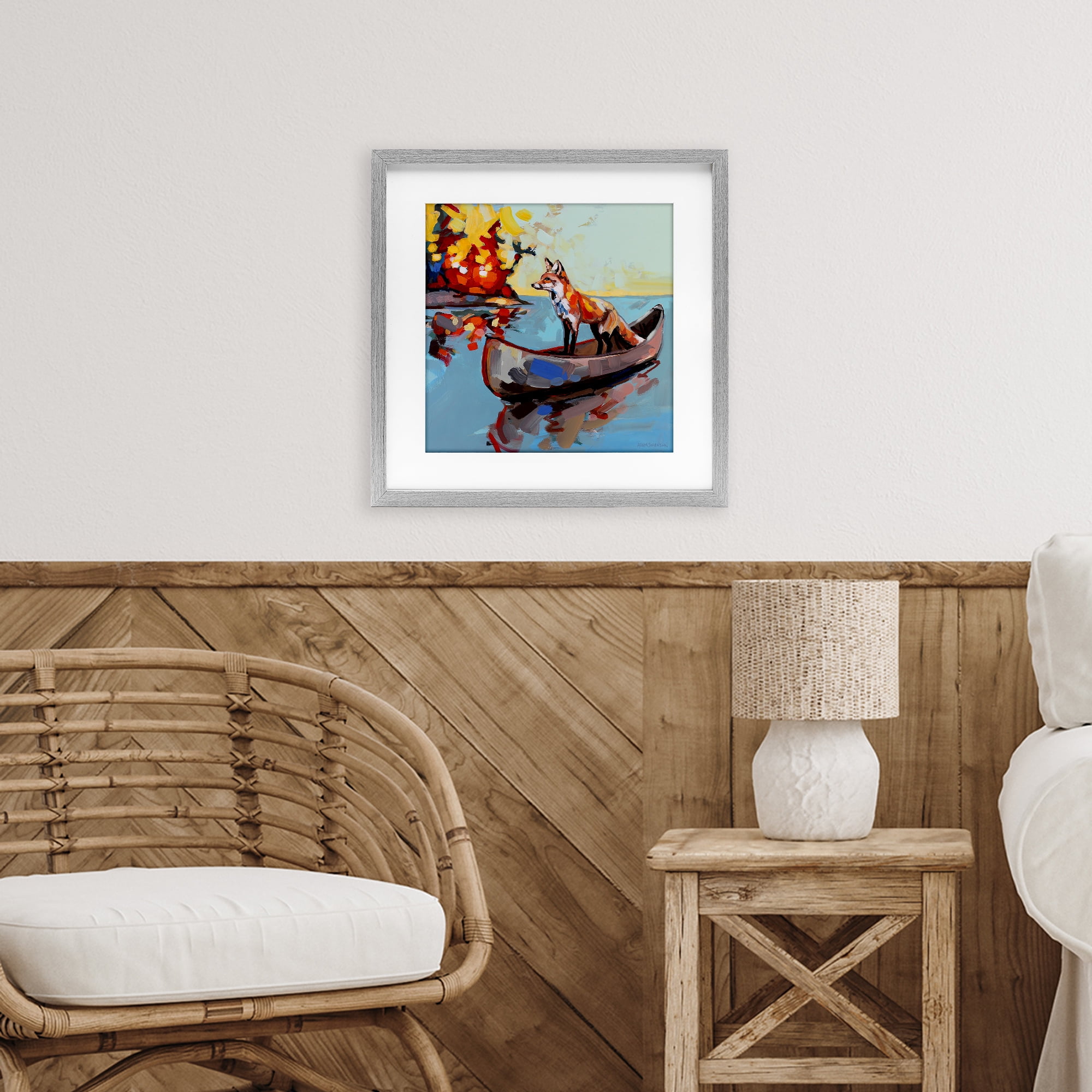 Fox's Voyage on Canoe Gray Framed Print Under Glass, design by Adam Swanson