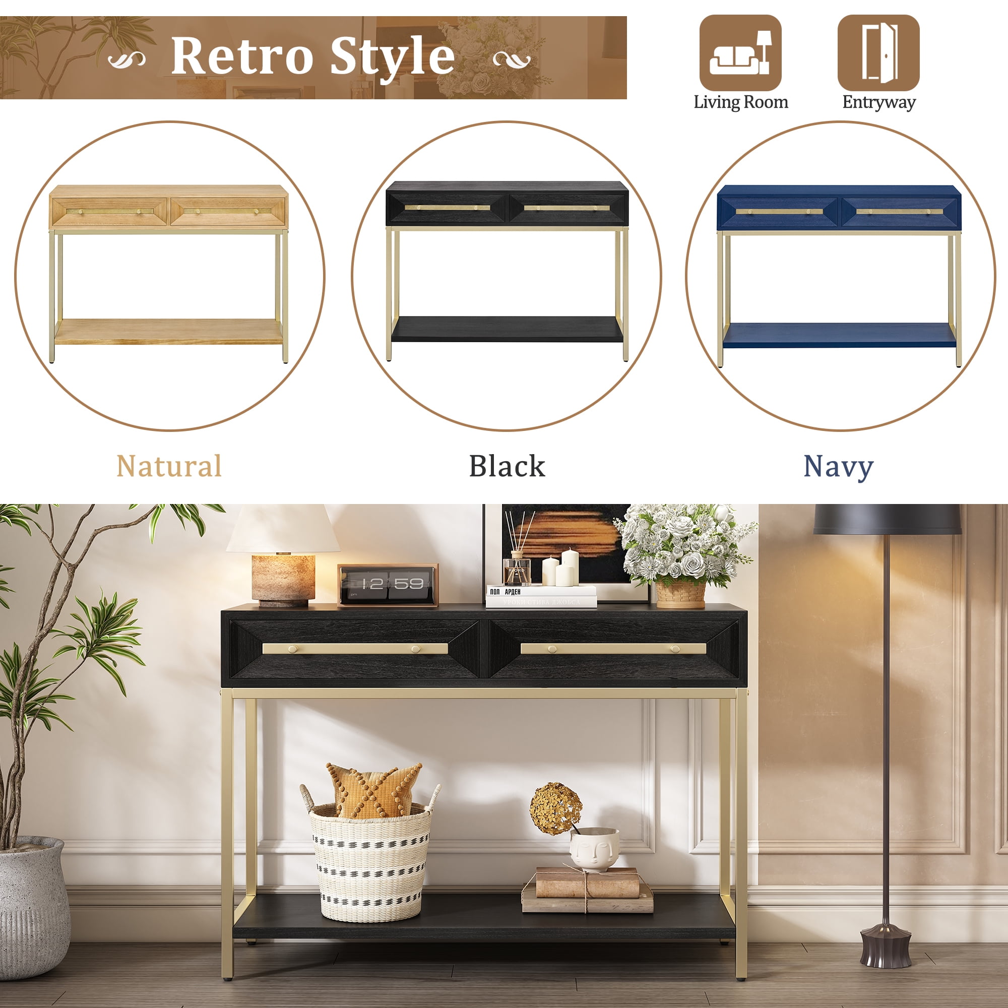 EUROCO Retro Hallway Table Sofa Table for Hallway,Living Room,Black