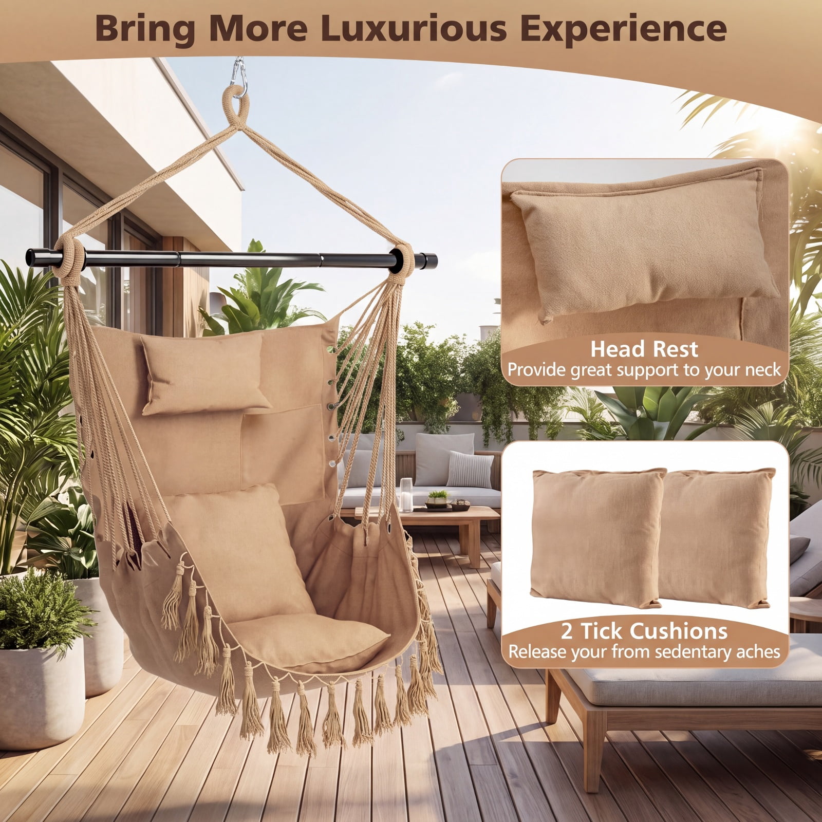 Furnibear Hanging Rope Swing Chair with Soft Pillow Two Removable Cushions Tassel Trim and Side Pocket for Patio Porch and Bedroom, Beige